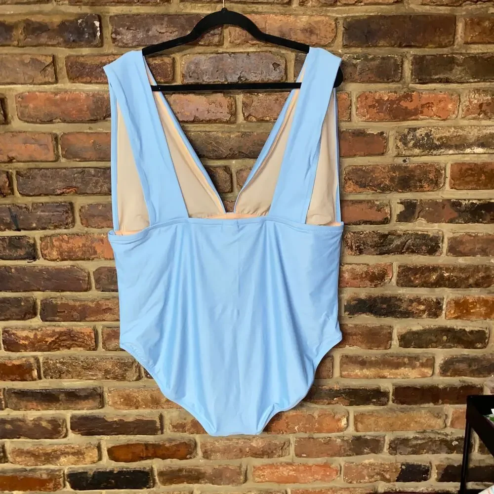 New J. Crew Baby Light Blue Plunge One-Piece Swim Bathing Suit Women's Size 24